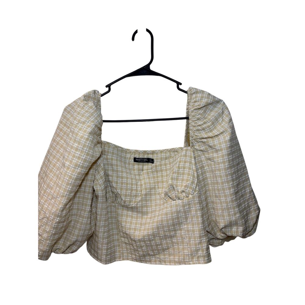 Nasty Gal Plaid Tan Puff Sleeve Crop Top Size 8